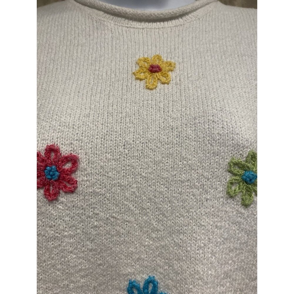 Northern Isles Hand Embroidered Sweater Pullover Short Sleeve White Stretch - Picture 3 of 9